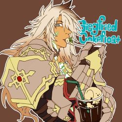 Rule 34 | 1boy, armor, blue eyes, dark skin, dark-skinned male, fate/apocrypha, fate (series), food, gauntlets, long hair, looking at viewer, male focus, mine (odasol), open mouth, siegfried (fate), simple background, solo, white hair
