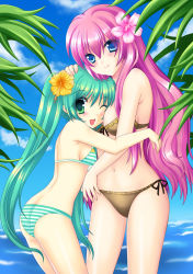 Rule 34 | 2girls, aqua hair, ass, bad id, bad pixiv id, bikini, blue eyes, blush, breast smother, breasts, brown bikini, day, face to breasts, flower, frills, front-tie top, green eyes, hair flower, hair ornament, hatsune miku, hibiscus, hug, long hair, megurine luka, multiple girls, navel, one eye closed, pink hair, project diva, project diva (series), ratise, side-tie bikini bottom, smile, striped bikini, striped clothes, swimsuit, twintails, very long hair, vocaloid, water, wink