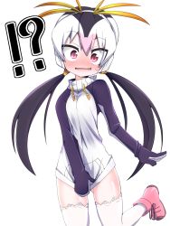 Rule 34 | !?, 10s, 1girl, black hair, blush, commentary request, covering privates, covering crotch, drawstring, embarrassed, fang, gluteal fold, headphones, highres, kemono friends, leg up, long hair, low twintails, moyachii, multicolored hair, nose blush, open mouth, pink hair, red eyes, royal penguin (kemono friends), shiny skin, simple background, solo, sweatdrop, thighhighs, twintails, white background, white hair