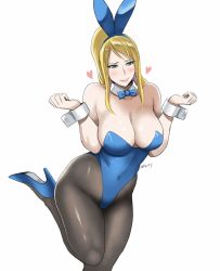 Rule 34 | 1girl, animal ears, blonde hair, blush, breasts, commentary request, covered navel, cuffs, green eyes, heart, high heels, large breasts, leotard, long hair, metroid, mole, mole under mouth, nintendo, pantyhose, playboy bunny, ponytail, rabbit ears, samus aran, shibusun, signature, simple background, solo, white background, zero suit