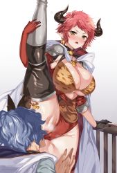 Rule 34 | 1boy, 1girl, black thighhighs, blue hair, breasts, cleavage, commentary request, drang (granblue fantasy), earrings, eno yukimi, gradient background, granblue fantasy, grey background, horns, jewelry, large breasts, red hair, split, standing, standing on one leg, standing split, sturm (granblue fantasy), thighhighs