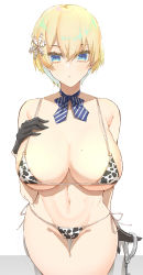 Rule 34 | 1girl, alternate costume, animal print, bad id, bad twitter id, bikini, black gloves, blonde hair, blue eyes, blue neckwear, blush, bow, bowtie, breasts, cleavage, cow print, cuffs, e sky rugo, girls&#039; frontline, gloves, hair between eyes, hair ornament, hand on own chest, handcuffs, highres, holding, huge breasts, micro bikini, mole, mole on breast, mole under eye, parted lips, revision, short hair, side-tie bikini bottom, simple background, snowflake hair ornament, solo, striped bow, striped bowtie, striped clothes, striped neckwear, sweat, swimsuit, two-tone background, vsk-94 (girls&#039; frontline)