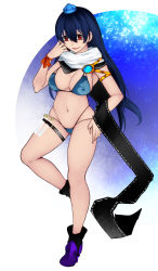 Rule 34 | 1girl, alternate costume, alternate hair length, alternate hairstyle, aoshima, bare legs, bikini, black scarf, blue bikini, blue hair, blue headwear, breasts, centipede print, cleavage, commentary request, fox print, full body, gluteal fold, hand on own face, hand on own thigh, hand on thigh, highres, iizunamaru megumu, large breasts, long hair, looking ahead, multi-strapped bikini, multiple scarfs, navel, open mouth, orange ribbon, parted lips, purple footwear, red eyes, ribbon, scarf, shoes, smile, solo, swimsuit, thigh strap, touhou, vial, white scarf, wrist ribbon