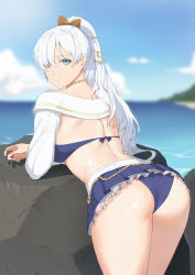 Rule 34 | 1girl, absurdres, anastasia (fate), anastasia (swimsuit archer) (fate), anastasia (swimsuit archer) (third ascension) (fate), ass, back, bikini, blue bikini, blue eyes, blue sky, bow, closed mouth, copper, crossed arms, fate/grand order, fate (series), from side, hair between eyes, hair bow, hair ornament, hairclip, highres, jewelry, long hair, looking back, necklace, ocean, silver hair, simple background, sky, solo, swimsuit