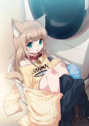 Rule 34 | 1girl, 40hara, animal collar, animal ear fluff, animal ears, aqua eyes, blunt bangs, cat ears, cat girl, cat tail, chestnut mouth, collar, commentary request, highres, in container, kinako (40hara), laundry, laundry basket, long hair, looking at viewer, original, print shirt, red collar, shirt, sitting, solo, t-shirt, tail, washing machine
