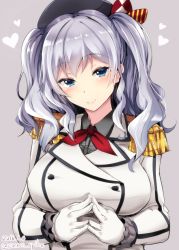 Rule 34 | 10s, 1girl, blue eyes, breasts, female focus, gin&#039;ichi (akacia), gloves, hat, heart, kantai collection, kashima (kancolle), large breasts, long hair, military, military uniform, silver hair, smile, solo, twintails, uniform