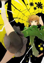 1girl ass bana_(stand_flower) bike_shorts blush brown_hair female_focus green_jacket high_kick highres jacket kicking navel open_mouth persona persona_4 pleated_skirt satonaka_chie short_hair shorts shorts_under_skirt skirt solo track_jacket zipper