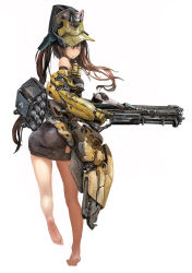 Rule 34 | 1girl, ass, barefoot, brown hair, feet, gun, hat, highres, holding, holding gun, holding weapon, long hair, looking at viewer, mechanical arms, nihoshi (bipedal s), original, rifle, single mechanical arm, soles, toes, twintails, weapon