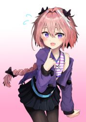Rule 34 | 1boy, absurdres, astolfo (fate), astolfo (memories at trifas) (fate), black bow, black pantyhose, black skirt, blouse, blue eyes, blush, bow, braid, braided ponytail, commentary request, fang, fate/apocrypha, fate/grand order, fate (series), hair between eyes, hair bow, highres, jacket, jtleeklm, long sleeves, looking at viewer, male focus, off shoulder, official alternate costume, pantyhose, pink hair, pleated skirt, pointing, pointing at self, ponytail, purple jacket, shirt, simple background, single braid, skirt, solo, striped clothes, striped shirt, trap