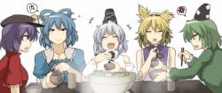 Rule 34 | +++, 5girls, black headwear, blonde hair, blue dress, blue eyes, blue hair, breasts, cabbie hat, chin (motio7201), chopsticks, closed eyes, closed mouth, collared vest, commentary request, cooking pot, detached sleeves, dress, eating, frilled sleeves, frills, green dress, green eyes, green hair, grey hair, hair ornament, hair rings, hair stick, hat, hat ornament, heart, highres, holding, holding chopsticks, kaku seiga, lace-trimmed sleeves, lace trim, long sleeves, looking at another, medium bangs, medium breasts, miyako yoshika, mononobe no futo, multiple girls, nabe, open clothes, open mouth, open vest, pointy hair, puffy short sleeves, puffy sleeves, purple hair, purple shirt, red shirt, ribbon-trimmed sleeves, ribbon trim, shirt, short hair, short sleeves, simple background, sleeveless, sleeveless shirt, smile, soga no tojiko, star (symbol), star hat ornament, steam, table, tate eboshi, touhou, toyosatomimi no miko, upper body, v-shaped eyebrows, vest, white background, white shirt, white vest