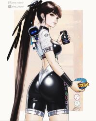 Rule 34 | 1girl, alternate costume, arte frond, ass, astro bot (series), back, black hair, breasts, can, drink can, earrings, eve (stellar blade), game console, headphones, highres, jewelry, long hair, looking back, playstation 5, playstation logo, playstation symbols, ponytail, product placement, robot, smile, soda can, solo, stellar blade, very long hair