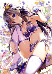 Rule 34 | 1girl, absurdres, armpits, ass, bare shoulders, blue bra, blue eyes, blue footwear, blue panties, blueberry, blueberry tart, blush, bra, bracelet, breast press, breasts, cake, chair, cleavage, collarbone, copyright request, crown, cup, drinking straw, fingernails, floral print, flower, flower request, food, frilled bra, frilled panties, frills, fruit, fruit tart, fujima takuya, glass slipper, hair between eyes, hair ribbon, hand on ankle, head on knee, head rest, head tilt, high heels, highres, ice, ice cream, ice cube, jewelry, juice, knee up, light brown hair, long hair, looking at viewer, medium breasts, mini crown, navel, official art, orange juice, panties, parted lips, pearl bracelet, pink lips, pink ribbon, plate, polka dot, polka dot bra, polka dot panties, print thighhighs, ribbon, scan, see-through, side-tie panties, skindentation, solo, sparkle background, star (symbol), starry background, strap pull, tart (food), thighhighs, tongue, underwear, underwear only, white background, white flower, white frills, white polka dots, white thighhighs