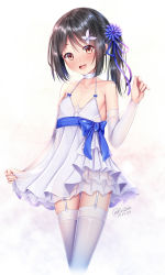 Rule 34 | 1girl, bare shoulders, black hair, blue ribbon, blush, breasts, choker, collarbone, dress, fate/kaleid liner prisma illya, fate (series), female focus, flower, garter straps, hair flower, hair ornament, hairclip, highres, long hair, looking at viewer, miyu edelfelt, puririn, ribbon, sash, side ponytail, small breasts, smile, solo, standing, thighhighs, thighs, white background, white dress, white thighhighs, yellow eyes