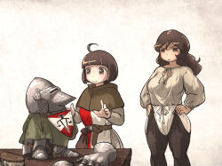 Rule 34 | 2girls, ahoge, ahoge page (ironlily), armor, bassinet, belt, brown hair, gambeson, gauntlets, gloves, greaves, hands on own hips, helmet, highres, ironlily, lady lucerne (ironlily), long hair, medieval, multiple girls, ordo mediare sisters (ironlily), shaded face, standing