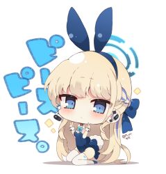 Rule 34 | 1girl, animal ears, blonde hair, blue archive, blue bow, blue eyes, blue footwear, blue hair, blue hairband, blue leotard, blush, bow, braid, breasts, chibi, cleavage, closed mouth, collar, commentary request, detached collar, double v, earpiece, fake animal ears, full body, hair bow, hairband, hands up, headset, leotard, long hair, looking at viewer, medium breasts, multicolored hair, muuran, playboy bunny, rabbit ears, rabbit tail, shadow, shoes, simple background, sitting, solo, sparkle, strapless, strapless leotard, streaked hair, tail, thighhighs, toki (blue archive), toki (bunny) (blue archive), translation request, twitter username, v, very long hair, wariza, white background, white collar, white thighhighs, wrist cuffs