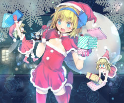 Rule 34 | 1girl, alice margatroid, alice margatroid (pc-98), arms up, blonde hair, blue eyes, blush, capelet, culter, doll joints, dress, female focus, gift, gloves, hairband, hat, holding, joints, open mouth, red thighhighs, sack, santa hat, shanghai doll, short hair, solo, thighhighs, touhou, wings