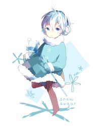 Rule 34 | 1boy, androgynous, artist request, blue dress, blush, cookie run, dress, earmuffs, fur-trimmed dress, fur-trimmed sleeves, fur trim, gloves, long sleeves, looking at viewer, male focus, mittens, short hair, sitting, snow, snow sugar cookie, snowflakes, solo, sparkle, staff, white dress, white eyes, white gloves, white hair
