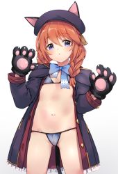 Rule 34 | 1girl, animal ears, animal hands, beret, bikini, black hat, black jacket, blue bikini, blue eyes, bow, bowtie, braid, cat ears, cat girl, cat tail, cowboy shot, flat chest, gloves, hands up, hat, highres, jacket, kure (kure ng), long hair, long sleeves, looking at viewer, navel, open clothes, open jacket, orange hair, parted lips, paw gloves, princess connect!, simple background, solo, stomach, swimsuit, tail, thighs, twin braids, white background, yuni (princess connect!)