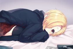 Rule 34 | 1girl, bed sheet, black sweater, black thighhighs, ear piercing, feet out of frame, from side, gradient background, grey background, hood, hood down, hooded sweater, idolmaster, idolmaster cinderella girls, kneeling, leaning forward, long sleeves, looking at viewer, looking to the side, on bed, piercing, plaid, plaid skirt, red eyes, red skirt, shiny skin, shirasaka koume, short hair, silltare, skirt, sleeves past wrists, solo, sweater, tareme, thighhighs, twitter username, zettai ryouiki