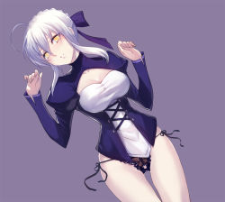 Rule 34 | 1girl, ahoge, artoria pendragon (all), artoria pendragon (fate), black panties, black ribbon, blush, bow, breasts, buttons, cleavage, cleavage cutout, clothing cutout, commentary request, dutch angle, fate/stay night, fate (series), hair between eyes, hair bow, head tilt, juliet sleeves, lingerie, long sleeves, looking at viewer, medium breasts, no pants, panties, parted lips, puffy sleeves, purple background, purple bow, ribbon, saber (fate), saber alter, side-tie panties, sidelocks, silver hair, simple background, solo, standing, sweat, thigh gap, thighs, underwear, w arms, xion32, yellow eyes