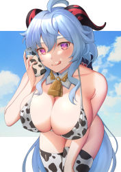 Rule 34 | 1girl, ahoge, animal print, bell, bent over, bikini, blue hair, blush, bottle, breasts, cleavage, cow print, cowbell, curled horns, detached collar, ganyu (genshin impact), genshin impact, goat horns, highres, holding, holding bottle, horns, kul (ngsensei), large breasts, licking lips, long hair, looking at viewer, milk, milk bottle, neck bell, purple eyes, solo, swimsuit, thighhighs, tongue, tongue out, very long hair
