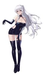 Rule 34 | 1girl, absurdres, azur lane, bare shoulders, black footwear, black gloves, bondage outfit, boots, breasts, cleavage, closed mouth, elbow gloves, enterprise (azur lane), enterprise (wind catcher) (azur lane), full body, gloves, highres, large breasts, long hair, looking at viewer, maanu, official alternate costume, purple eyes, silver hair, simple background, smile, solo, thigh boots, thighhighs, white background