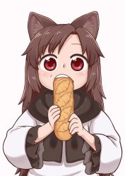 Rule 34 | 1girl, aged down, animal ears, baguette, blush, bread, brown hair, child, dress, eating, food, frilled sleeves, frills, imaizumi kagerou, long hair, long sleeves, looking at viewer, pink background, poronegi, red eyes, simple background, solo, swept bangs, teeth, touhou, upper body, very long hair, white dress, wolf ears