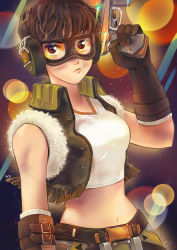 Rule 34 | 1girl, alternate hair length, alternate hairstyle, arm at side, arm up, artist name, breasts, brown eyes, brown gloves, brown hair, closed mouth, crop top, d.va (overwatch), gloves, goggles, gun, headphones, high collar, holding, holding gun, holding weapon, junker d.va, lens flare, looking at viewer, medium breasts, midriff, navel, official alternate costume, overwatch, overwatch 1, peyo han, pout, shirt, short hair, sleeveless, sleeveless shirt, solo, stomach, trigger discipline, upper body, weapon, white shirt