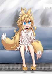 Rule 34 | 1girl, animal ear fluff, animal ears, blonde hair, blush, dated, female focus, fox ears, fox tail, highres, kazekiri, long hair, messy hair, multiple tails, open mouth, original, oversized clothes, shirt, sitting, slippers, solo, tail