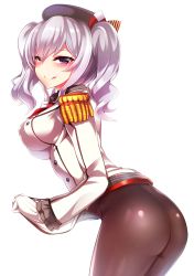 Rule 34 | 10s, 1girl, :q, ass, bad id, bad pixiv id, beret, black pantyhose, breasts, buttons, clothes lift, cowboy shot, epaulettes, eyebrows, eyes visible through hair, female focus, finger to face, gloves, hat, highres, kantai collection, kashima (kancolle), large breasts, leaning forward, lifted by self, long sleeves, looking at viewer, military, military uniform, no panties, no pants, pantyhose, purple eyes, shirt lift, silly (marinkomoe), simple background, smile, solo, standing, striped, tongue, tongue out, twintails, uniform, wavy hair, white background, white gloves