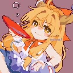 Rule 34 | 1girl, alcohol, artist name, blush, bow, brown background, closed mouth, commentary request, cup, futsu nomal, gourd, hair bow, highres, holding, holding cup, horns, ibuki suika, long hair, looking at viewer, low-tied long hair, orange eyes, orange hair, pixel art, purple skirt, sakazuki, sake, shirt, simple background, skirt, smile, solo, torn clothes, torn sleeves, touhou, white shirt
