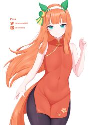 Rule 34 | 1girl, absurdres, animal ears, aqua eyes, bare shoulders, black pantyhose, china dress, chinese clothes, commentary request, cowboy shot, dress, ear covers, hair ornament, hairband, highres, hime cut, horse ears, horse girl, horse tail, long hair, orange hair, pantyhose, pelvic curtain, red dress, silence suzuka (umamusume), solo, tail, tsubame tien, twitter username, umamusume, very long hair, white hairband