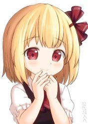 Rule 34 | 1girl, ascot, blonde hair, blush, closed mouth, drawfag, hair ornament, hair ribbon, hands up, highres, looking at viewer, red ascot, red eyes, ribbon, rumia, short hair, short sleeves, simple background, smile, solo, touhou, white background