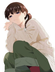 Rule 34 | 1girl, :3, artist name, blush, brown hair, eyebrows hidden by hair, green pants, knit sweater, mattaku mousuke, original, own hands clasped, own hands together, pants, ponytail, purple eyes, simple background, solo, squatting, sweater, watermark, white background, white sweater
