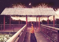 Rule 34 | 1girl, backlighting, bad id, bad pixiv id, black hair, cherry blossoms, feet out of frame, glowing, hair between eyes, half moon, japanese clothes, kimono, long hair, looking at viewer, mablex, moon, night, night sky, original, outdoors, petals, scenery, sky, solo, star (sky), starry sky, tree