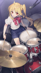 Rule 34 | 1girl, ahoge, blonde hair, blue skirt, blush, bocchi the rock!, bow, bowtie, checkered floor, collared shirt, commentary request, cymbals, drum, drum set, drumsticks, from above, hair ornament, hair scrunchie, highres, holding, holding drumsticks, ijichi nijika, instrument, kaito (k4itoh), long hair, microphone, miniskirt, music, open mouth, parted bangs, playing instrument, pleated skirt, red bow, red bowtie, red eyes, school uniform, scrunchie, shimokitazawa high school uniform, shirt, shirt tucked in, short sleeves, side ponytail, sidelocks, sitting, skirt, solo, thighs, white shirt, yellow scrunchie
