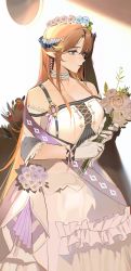 Rule 34 | 1girl, absurdres, arknights, bare shoulders, blonde hair, blue eyes, bouquet, chinese commentary, choker, commentary request, cowboy shot, dress, flower, gloves, head wreath, highres, holding, holding bouquet, horns, ken (1057168252), long hair, off-shoulder dress, off shoulder, saileach (appreciate fragrance) (arknights), saileach (arknights), solo, standing, very long hair, white choker, white dress, white gloves