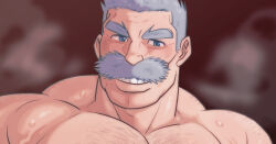 Rule 34 | 1boy, adam&#039;s apple, back hair, bara, grey hair, grin, highres, huge eyebrows, large pectorals, looking at viewer, male focus, mature male, medium sideburns, muscular, muscular male, old, old man, original, paid reward available, pectorals, portrait, short hair, sideburns, smile, solo, sweat, thick mustache, thick neck, zettoken