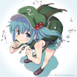 Rule 34 | 1girl, ?, air bubble, backpack, bag, bent over, blue eyes, blue hair, bubble, from above, hair bobbles, hair ornament, hat, kawashiro nitori, key, shiroi karasu, short hair, solo, submerged, thought bubble, touhou, two side up, underwater, water, water drop