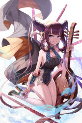 Rule 34 | 1girl, bare shoulders, black dress, black footwear, blue eyes, blue fire, blunt bangs, blush, breasts, china dress, chinese clothes, cleavage, closed mouth, dawito, detached sleeves, dress, fate/grand order, fate (series), fire, flute, hair ornament, high heels, highres, instrument, large breasts, long hair, looking at viewer, pipa (instrument), purple hair, sidelocks, smile, solo, twintails, very long hair, yang guifei (fate), yang guifei (second ascension) (fate)