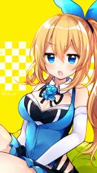 Rule 34 | 1girl, bare shoulders, between legs, blonde hair, blue eyes, blue flower, blush, breasts, cleavage, commentary, cushion, elbow gloves, flower, flower ornament, fukunoki tokuwa, gloves, hair ribbon, hand between legs, highres, large breasts, long hair, looking at viewer, mirai akari, mirai akari project, open mouth, ribbon, side ponytail, skirt, solo, twitter username, virtual youtuber, white gloves, yellow background