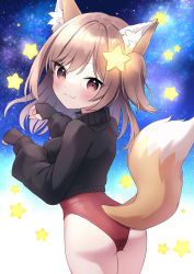 Rule 34 | 1girl, animal ear fluff, animal ears, annytf, arms up, ass, black gloves, black sweater, brown eyes, brown hair, commission, fingerless gloves, fox ears, fox girl, fox tail, from behind, gloves, hair ornament, highleg, highleg leotard, highres, indie virtual youtuber, leotard, leotard under clothes, long hair, looking back, night, night sky, no pants, paw pose, red leotard, side ponytail, skeb commission, sky, smile, solo, star (sky), star (symbol), star hair ornament, starry sky, suzuno naru, sweater, tail, thighs, virtual youtuber