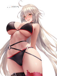Rule 34 | 1girl, ahoge, aztodio, bikini, black bikini, breasts, choker, cleavage, fate/grand order, fate (series), jeanne d&#039;arc alter (swimsuit berserker) (fate), jeanne d&#039;arc (fate), jeanne d&#039;arc alter (fate), jeanne d&#039;arc alter (swimsuit berserker) (fate), large breasts, long hair, looking at viewer, navel, o-ring, o-ring bikini, open mouth, red thighhighs, silver hair, single thighhigh, smile, solo, swimsuit, thigh strap, thighhighs, thighs, very long hair, white background, yellow eyes