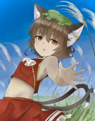 Rule 34 | 114514z, 1girl, absurdres, adapted costume, animal ear fluff, animal ear piercing, animal ears, arm up, bare arms, bow, bowtie, breasts, brown eyes, brown hair, cat ears, cat tail, chen, clear sky, commentary request, day, earrings, foreshortening, grass, green hat, hair between eyes, hat, highres, jewelry, light blush, looking at viewer, looking to the side, messy hair, mob cap, multiple tails, nekomata, outdoors, outstretched arm, parted lips, petite, red skirt, red vest, single earring, skirt, skirt set, sky, small breasts, solo, tail, touhou, two tails, v-shaped eyebrows, vest, white bow, white bowtie