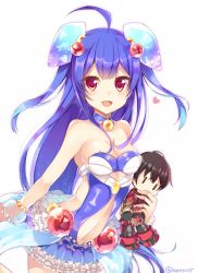 Rule 34 | 1girl, ahoge, blue choker, blue hair, choker, copyright request, dress, hair ornament, heart, holding, holding toy, long hair, looking at viewer, navel, open mouth, red eyes, rento (rukeai), smile, solo, strapless, strapless dress, toy