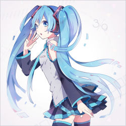 Rule 34 | 1girl, 39, blue eyes, blue hair, detached sleeves, hatsune miku, long hair, matching hair/eyes, necktie, skirt, solo, tama (songe), thighhighs, twintails, very long hair, vocaloid