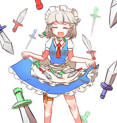 Rule 34 | 1girl, apron, ascot, blush, bow, braid, breasts, closed eyes, collared shirt, frilled skirt, frills, green bow, hair ribbon, happy, highres, holster, izayoi sakuya, knees, knife, knife sheath, knife sheath, maid, maid apron, maid headdress, medium breasts, open mouth, peroponesosu., puffy short sleeves, puffy sleeves, red ascot, ribbon, sheath, shirt, short hair, short sleeves, simple background, skirt, solo, thigh holster, too many, touhou, tress ribbon, twin braids, white background