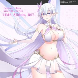 Rule 34 | 1girl, absurdres, albion (azur lane), azur lane, bare shoulders, bikini, blue eyes, breasts, bridal gauntlets, butterfly brooch, butterfly hair ornament, character name, collar, cowboy shot, cross, cross necklace, gold trim, grey hair, hair ornament, halterneck, hebitsukai-san, highres, jewelry, large breasts, long hair, midriff, navel, necklace, pointy ears, revealing clothes, skirt, sling bikini top, solo, swimsuit, very long hair, white bikini, white bridal gauntlets, white collar, white skirt