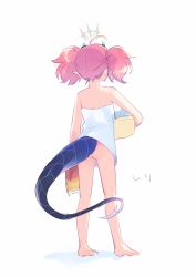 Rule 34 | 1girl, ahoge, ass, blue archive, bucket, from behind, full body, halo, highres, holding, horns, kyuuri (miyako), long hair, momoka (blue archive), naked towel, pink hair, pointy ears, simple background, solo, standing, tail, towel, twintails, white background