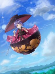 Rule 34 | 1girl, ^ ^, ahoge, black sash, bowl, bowl hat, closed eyes, cloud, cloudy sky, commentary request, day, floral print, flying, frilled kimono, frills, grin, happy, hat, highres, holding, holding needle, japanese clothes, kachuten, kimono, long sleeves, mini person, minigirl, mountain, needle, needle sword, obi, open mouth, pink kimono, purple hair, sash, short hair, sky, smile, solo, sukuna shinmyoumaru, touhou, v, wide sleeves
